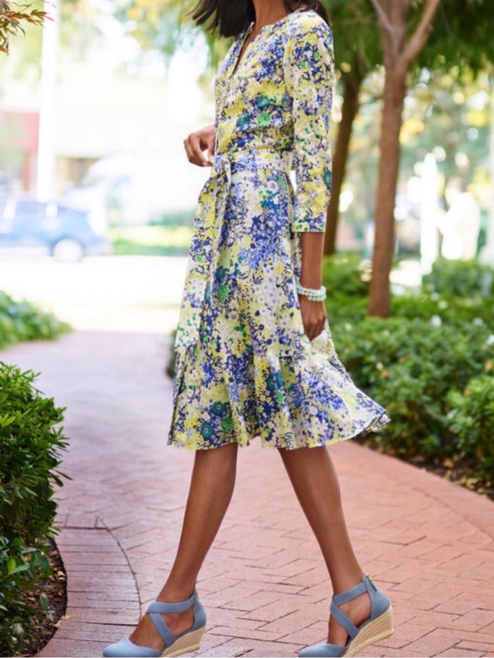 Talbots Floral V-Neck Button Front 3/4 Sleeve Fit & Flare Dress Cotton 10 - Picture 1 of 6
